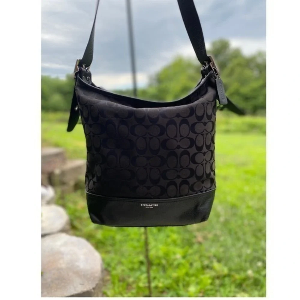 Coach Legacy Signature Duffle‎ Bag Black Jacquard Leather Shoulder Hobo Like New